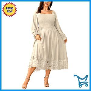 Plus Size Maxi Dress Long Sleeve Square Neck Smocked Flowy A-Line Lace Trim